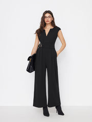 V-neck Metal Detail Zipper Wide Leg Jumpsuit