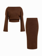 Knit Wool-blend Asymmetrical Neck Bell Sleeve Top & Mid Rise Midi Pencil Skirt Set