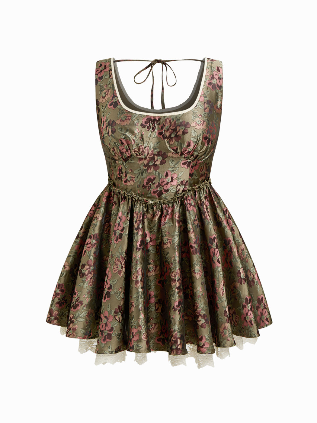 Jacquard U-neckline Floral Lettuce Trim Tie Back Ruffle Mini Dress Curve & Plus