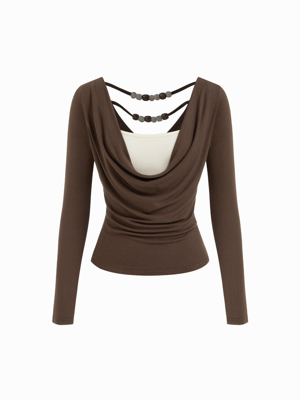 Cowl Neck Beaded Backless Ruched Long Sleeve Tee