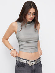 Round Neck Ruched Glitter Asymmetrical Tank Top
