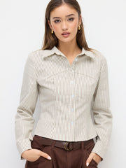Cotton-blend Striped Collar Long Sleeve Cinched Waist Shirt