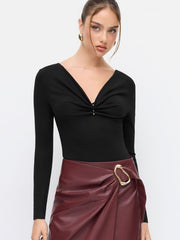 V-neck Long Sleeve Ruched Bodysuit