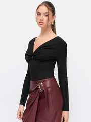 V-neck Long Sleeve Ruched Bodysuit
