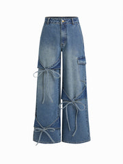 Cider Denim Low Rise Solid Bowknot Pocket Wide Leg Jeans