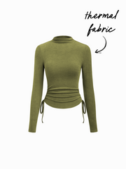 Thermal Cotton-blend Stand Collar Drawstring Ruched Tee