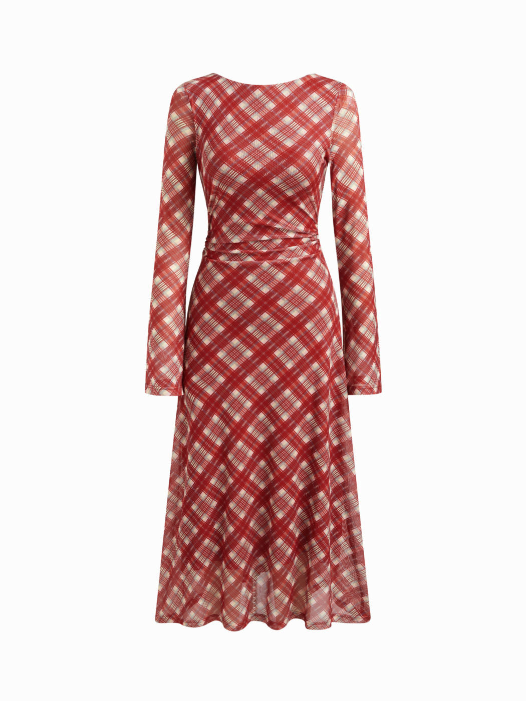 Mesh Plaid Boat Neck Long Sleeve Ruched Knotted Ruffle Maxi Dress