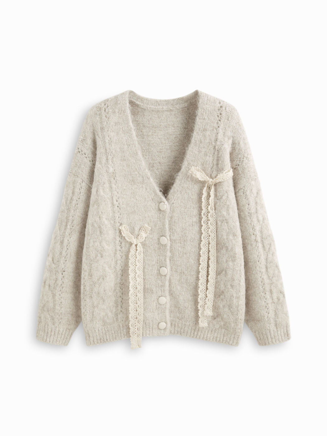 Knit Wool-blend V-neck Long Sleeve Lace Bowknot Button Oversized Cardigan