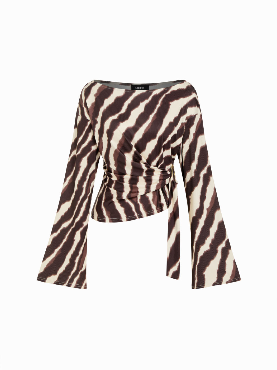 Boat Neck Zebra Striped Belted Bell Sleeve Top