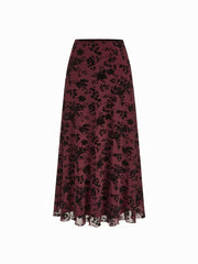 Mesh V-neck Floral Ruffle Hem Knotted Top & Mid Rise Maxi Skirt Set
