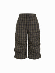 100% Cotton Mid Rise Plaid Ruched Bermuda Shorts