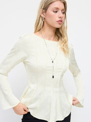 Floral Boat Neck Long Sleeve Backless Knotted Cinched Waist Blouse
