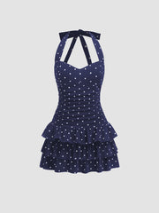 Cotton-blend Halter Neckline Polka Dot Ruched Layered Mini Dress