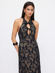 Lace Mandarin Collar Floral Applique Tie Front Cut Out Maxi Dress