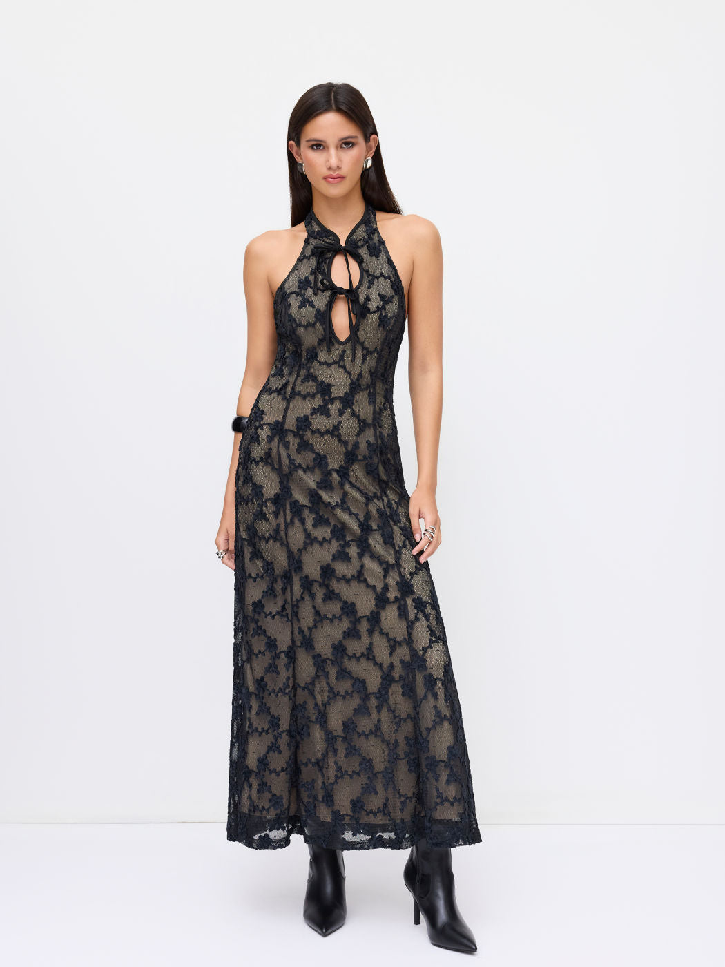 Lace Mandarin Collar Floral Applique Tie Front Cut Out Maxi Dress