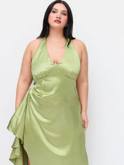 Satin Halter V-neck Split Draped Maxi Dress Curve & Plus