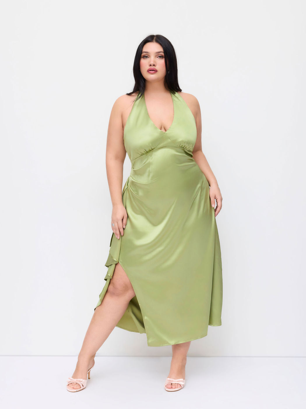 Satin Halter V-neck Split Draped Maxi Dress Curve & Plus