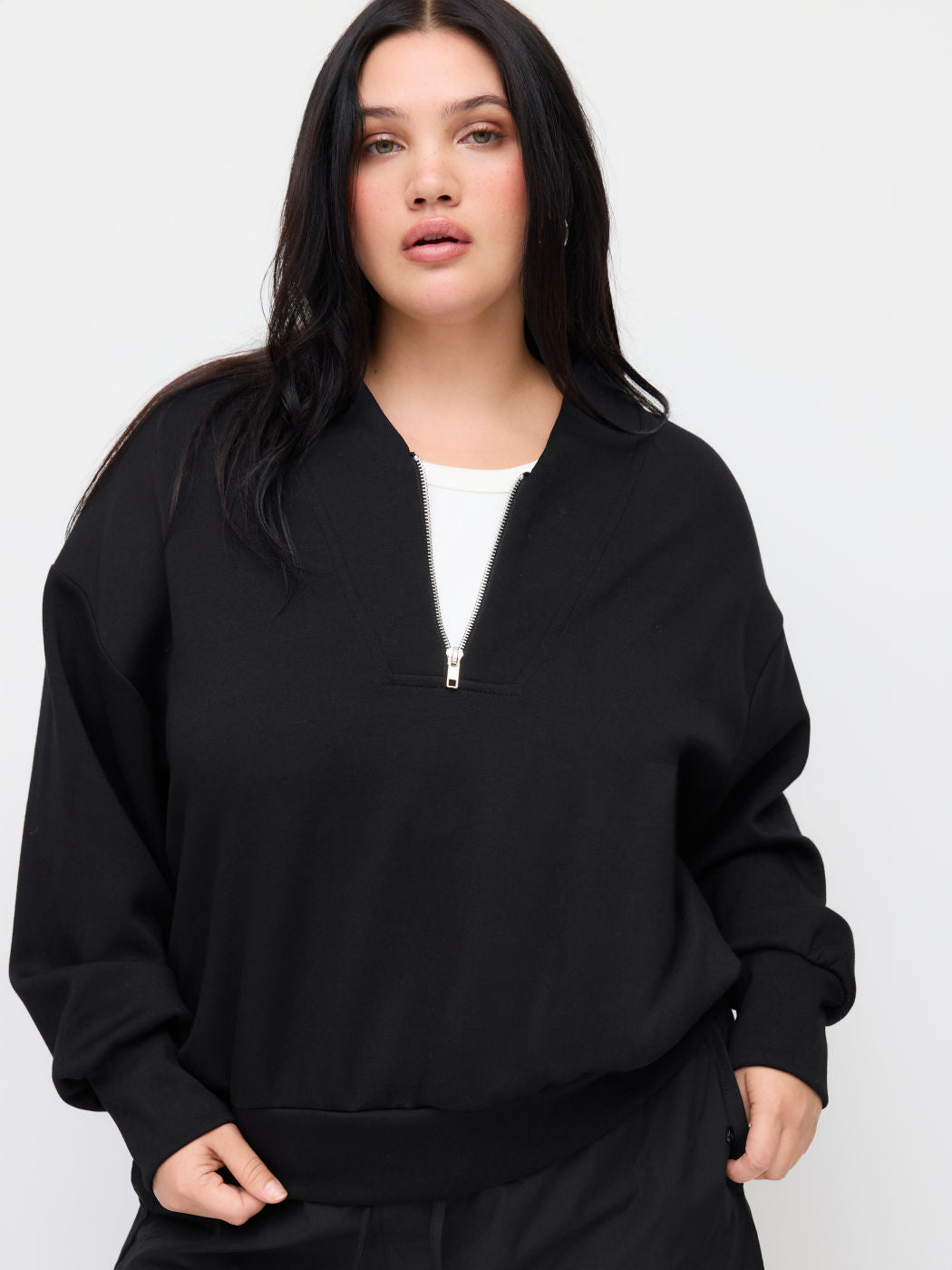 V-neck Solid Half Zip Sweatshirt Curve & Plus