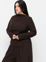 Stand Collar Ruched Asymmetrical Hem Top & Mid Rise Wide Leg Trousers Set Curve & Plus