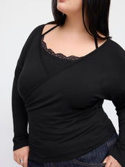 V-neck Wrap Ruched Top With Halter Lace Trim Cami Top Curve & Plus