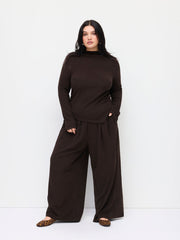 Stand Collar Ruched Asymmetrical Hem Top & Mid Rise Wide Leg Trousers Set Curve & Plus