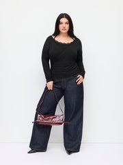 V-neck Wrap Ruched Top With Halter Lace Trim Cami Top Curve & Plus