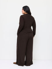 Stand Collar Ruched Asymmetrical Hem Top & Mid Rise Wide Leg Trousers Set Curve & Plus