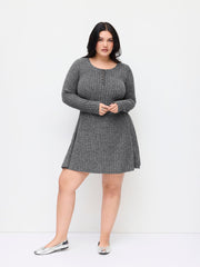 Round Neckline Button Long Sleeve Mini Dress Curve & Plus