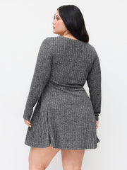 Round Neckline Button Long Sleeve Mini Dress Curve & Plus