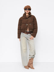 Corduroy Stand Collar Metal Buckle Zip Through Oversized Puffer Jacket