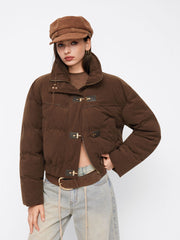 Corduroy Stand Collar Metal Buckle Zip Through Oversized Puffer Jacket