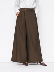 Mid Rise Asymmetrical Button Pleated Wide Leg Trousers