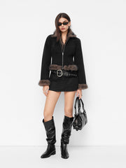 Denim Collar Faux Fur Trim Long Sleeve Jacket