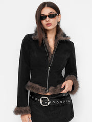 Denim Collar Faux Fur Trim Long Sleeve Jacket