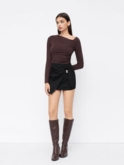 Denim Low Rise Ruched Metal Detail Micro Mini Skirt
