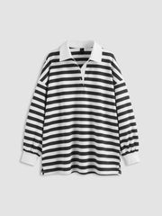 Cotton-blend Collar Striped Contrasting Binding Oversized Sweatshirt