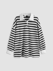 Cotton-blend Collar Striped Contrasting Binding Oversized Sweatshirt