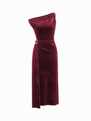 Velvet Asymmetrical Neckline Draped Metal Detail Maxi Dress