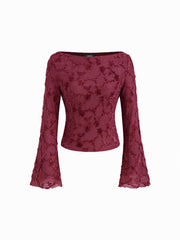 Boat Neck Applique Floral Lettuce Trim Bell Sleeve Blouse