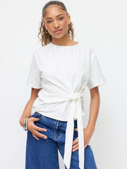 Round Neckline Short Sleeve Ruched Knotted Asymmetrical Hem Tee