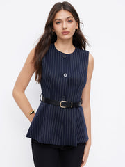 Round Neckline Houndstooth Blazer Vest With Belt