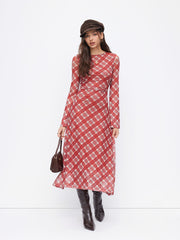 Mesh Plaid Boat Neck Long Sleeve Ruched Knotted Ruffle Maxi Dress