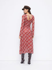 Mesh Plaid Boat Neck Long Sleeve Ruched Knotted Ruffle Maxi Dress