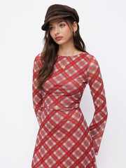 Mesh Plaid Boat Neck Long Sleeve Ruched Knotted Ruffle Maxi Dress