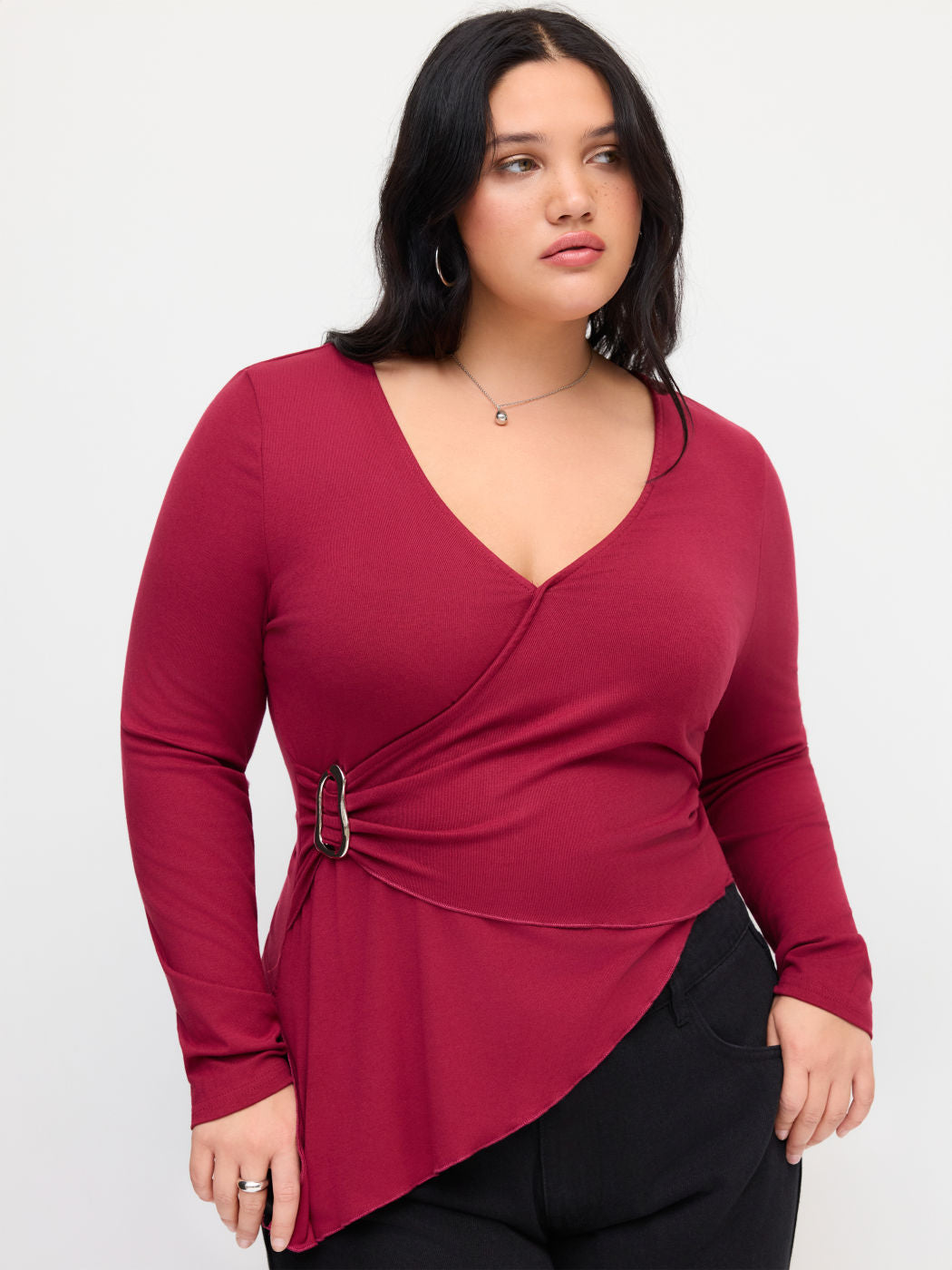 V-neck Long Sleeve Wrap Metal Detail Asymmetrical Hem Top Curve & Plus