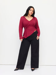 V-neck Long Sleeve Wrap Metal Detail Asymmetrical Hem Top Curve & Plus