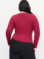 V-neck Long Sleeve Wrap Metal Detail Asymmetrical Hem Top Curve & Plus