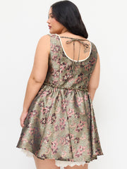 Jacquard U-neckline Floral Lettuce Trim Tie Back Ruffle Mini Dress Curve & Plus