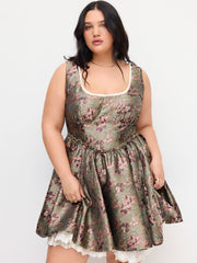 Jacquard U-neckline Floral Lettuce Trim Tie Back Ruffle Mini Dress Curve & Plus
