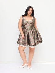 Jacquard U-neckline Floral Lettuce Trim Tie Back Ruffle Mini Dress Curve & Plus